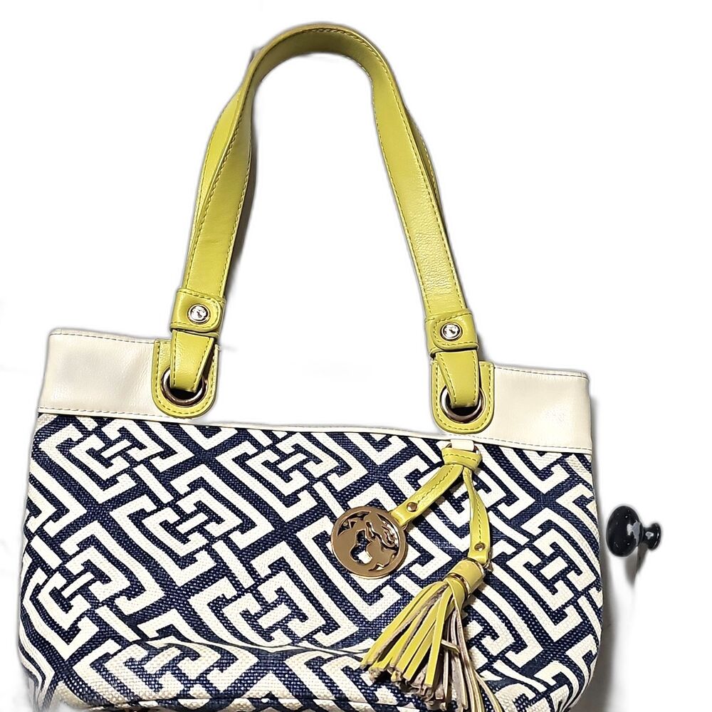 Spartina 449 Shoulder Bag Ivory Navy Yellow Geometric Pattern Tassel Charm